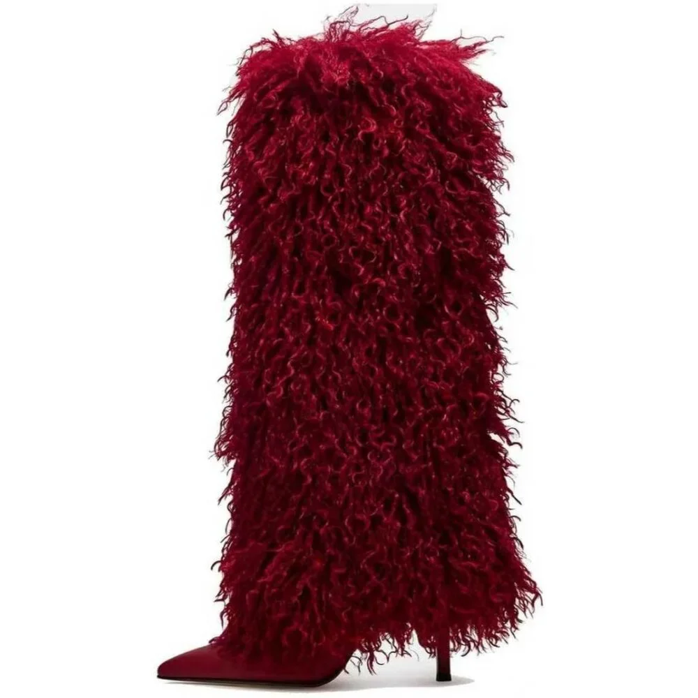 Women's Fur Red Pointed Toe Fold Over Wide Calf Knee High Heel Boots - Picture 1 of 7